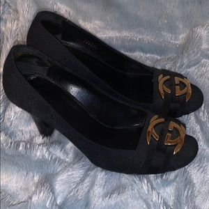 Gucci Black Canvas Monogram Wooden Heels